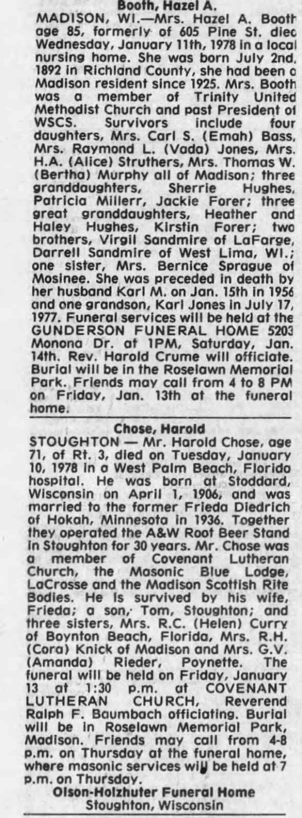 Obituary for Hazel A. Booth, 1892-1978 (Aged 85)